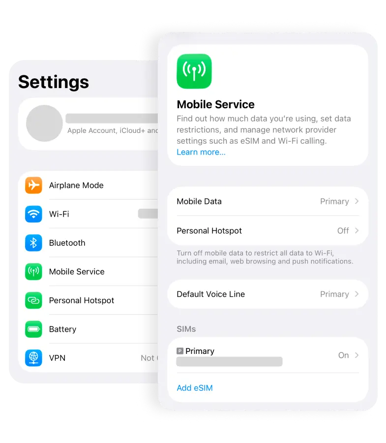 iPhone Settings showing Mobile Service with the Add eSIM option